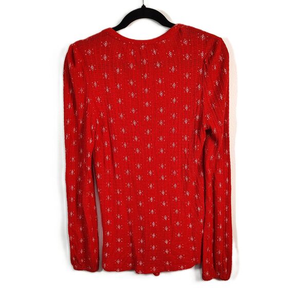 LUCKY BRAND Red Boho LARGE Women's Long Sleeve Stretchy Keyhole Blouse - Picture 3 of 4